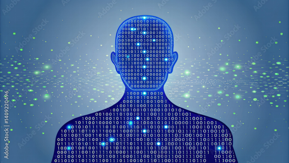 Poster digital silhouette filled with binary code, representing technology and data. background features gl