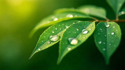 Macro photo of water droplets on vibrant green leaves with sunlight reflections

