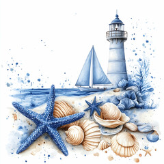 Beautiful coastal landscape with a lighthouse, sailboat, and colorful shells in serene blue hues Generative AI