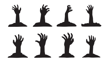 Scary human or zombie hand from the ground silhouette icon set. hand Halloween decorative element.
