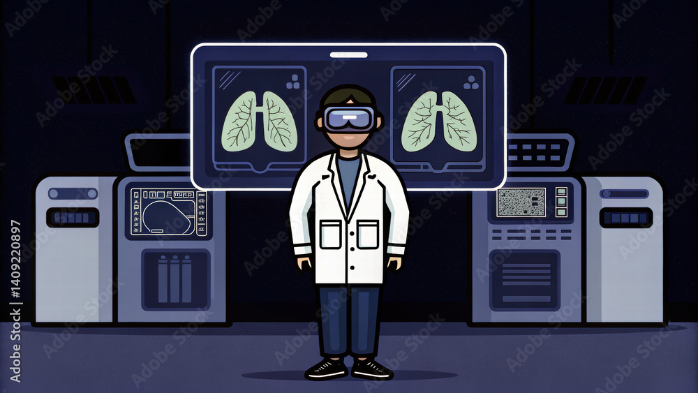 Poster scientist in lab coat uses virtual reality technology to analyze lung images in futuristic laborator