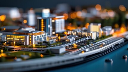Miniature city model at night, urban landscape, illuminated buildings, transportation, waterfront