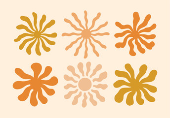 Retro Groovy Sun Naive Icon Set. Abstract Wavy Ray Logo in Trendy 70s Style. Boho Colorful Groovy Sun Psychedelic Vintage Background. Graphic Fun Hippie Poster. Abstract Summer Geometric Logo Template