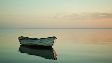 Boat Floating on Still Water at Dusk Reflecting Colors