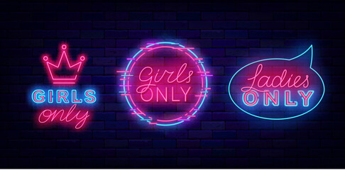 Ladies night neon labels collection. Girls only. Cyber circle. Glowing signs. Free enter for female. Vector illustration