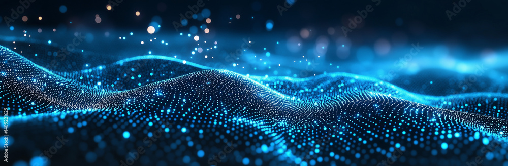 Poster visualization of waves of blue light in digital space. blue light dots, propagate as digital waves a