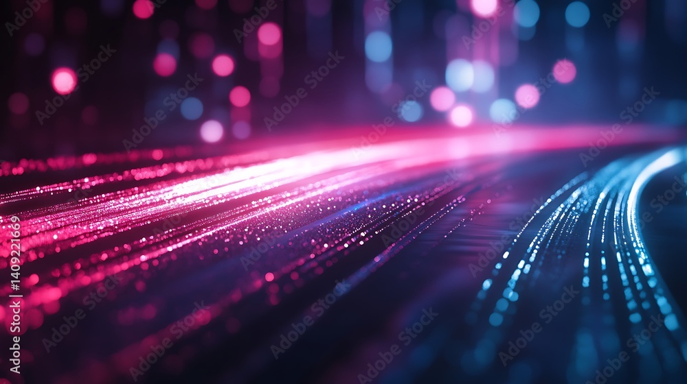 Poster abstract digital data stream with blue and red light trails on black background