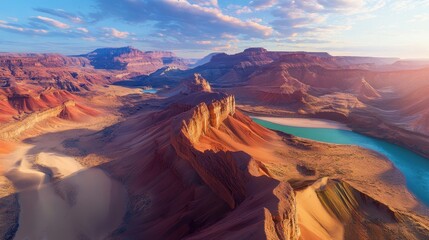Naklejka premium Majestic Canyon Vista: An expansive aerial view captures the breathtaking beauty of a vast canyon, showcasing layers of geological wonders.