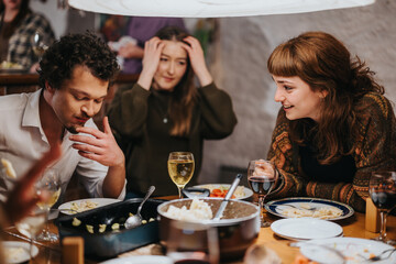 A group of friends share a warm meal in a welcoming setting, laughing and enjoying conversations. The atmosphere is casual and full of joy, showcasing the bond of friendship and shared experiences.