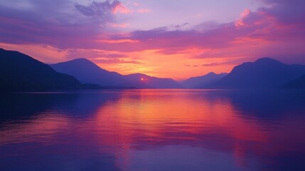 Breathtaking sunset over tranquil lake surrounded by mountains and vibrant sky colors