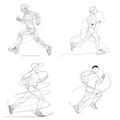 Fototapeta premium Set of four minimalist line art drawings of runners in motion, capturing energy and speed, perfect for fitness visuals, sports branding, health campaigns, and athletic design concepts.
