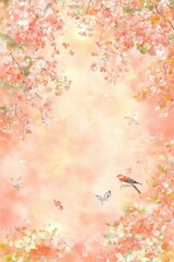 Peach blossoms frame a gentle scene with birds and butterflies in a soft, watercolor style