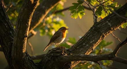 Robin Bird Resting on Branch with Golden Sunlight in the Forest