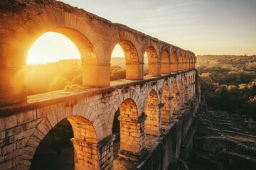 Majestic Aqueduct at Sunset: An ancient Roman aqueduct stretches across a lush valley, bathed in the warm, golden light of the setting sun, its arches framing the serene landscape. 