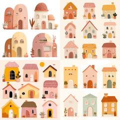 Set of colorful whimsical house illustrations in flat vector style with soft pastel tones, ideal for children&rsquo;s books, real estate icons, cozy village themes, and home decor designs.

