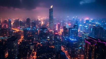 Fototapeta premium Aerial Cityscape At Night With Illuminated Buildings and Dark Sky