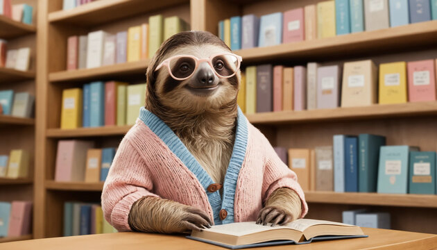 Sloth as a Bookstore Clerk Animal: A relaxed sloth in a cozy cardigan and round glasses, with a name badge pinned o