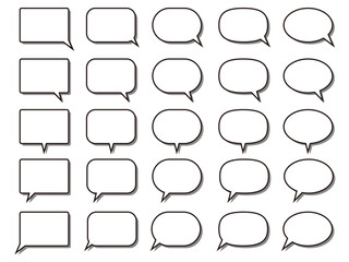 Obraz premium シンプルなフキダシ。枠。ベクター素材。シンプル黒ライン白ベタグレーの影。背景透過。