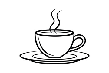 Line art illustration of a steaming coffee mug sitting on a saucer.eps