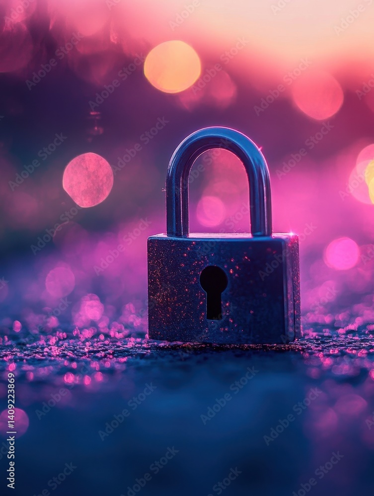 Poster padlock on textured surface with bokeh background in pink and blue tones security concept