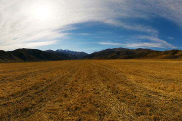 Vast Harvested Field in Mountain Valley