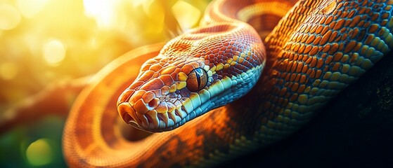 Python coiled on branch, sunlit jungle backdrop, potential wildlife article