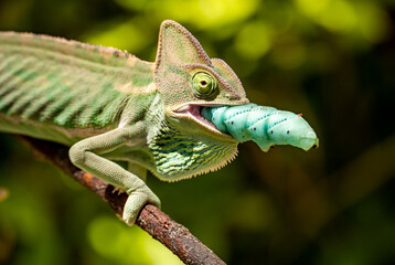 The Veiled Chameleon (Chamaeleo calyptratus) eats a blue caterpillar (Manduca sexta)
