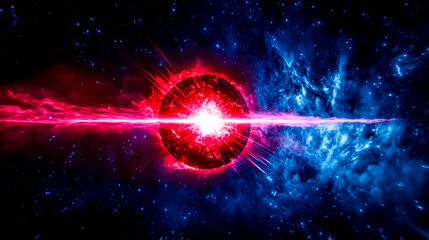 Fototapeta premium Damaged satellite emitting energy beams in deep space