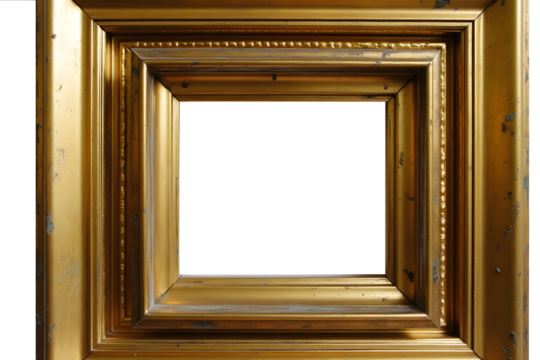 Gold and brass vintage photo frames nested together, sharp textures  
