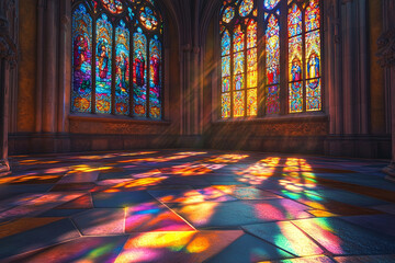 Colorful light from gothic stained glass windows illuminating church interior with patterned reflections