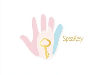 Obraz premium Hand and Key: A creative visual, showcasing an open hand shape formed by three overlaid colorful hand silhouettes. A golden key is centrally positioned inside, with a delicate, dreamy design.