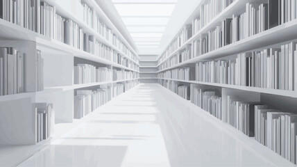 Obraz premium The image shows a long perspective view down a library aisle. The entire scene is rendered in monochrome white, creating a minimalist aesthetic. The bookshelves are uniformly spaced and filled