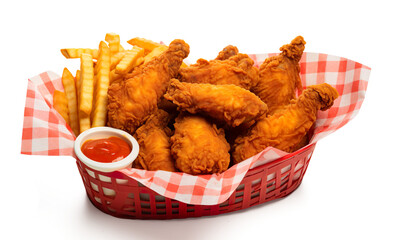 chicken hot wings and fries basket with red and white checkered lining inside of red food basket on a transparent background
