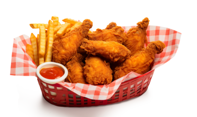 chicken hot wings and fries basket with red and white checkered lining inside of red food basket on a transparent background