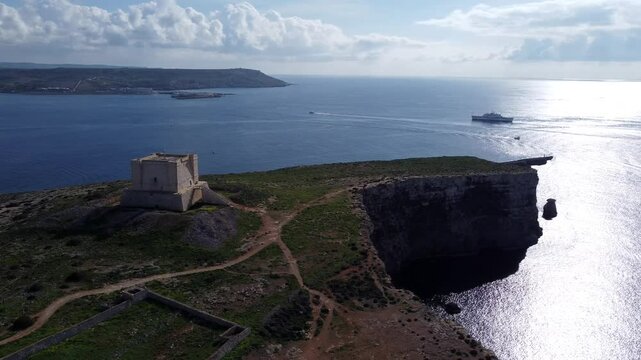 Aerial view of Saint Mary's watchtower at Comino Island In Malta