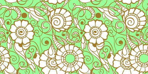 Whimsical floral pattern on a light mint green background.