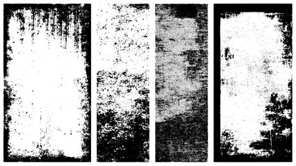 Set Of Grunges, White Grunge on Black Background for Overlay. Blank grained film strip texture background with heavy grain, dust and light leak