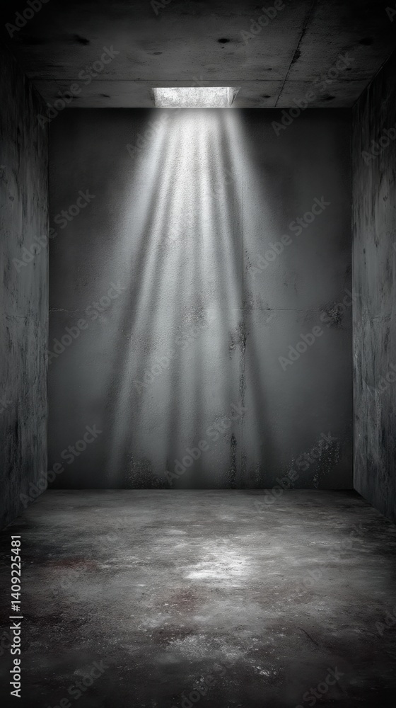 Poster dramatic light rays illuminate a stark concrete room creating a sense of confinement and isolation w