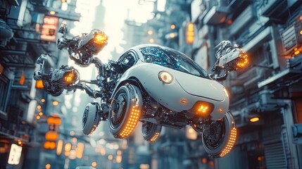 Fototapeta premium A futuristic depiction of a flying car being repaired mid-air with glowing robotic arms