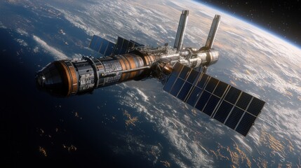 Obraz premium Orbiting space station above Earth's clouds