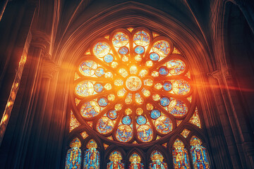Symmetrical gothic rose window with central motif, stained glass detail glowing in natural light