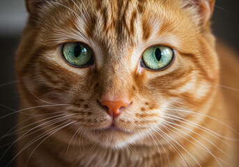 Close up portrait of a beautiful orange tabby cat with striking green eyes.