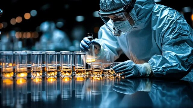 Whisky Quality Control: A Scientist in Protective Gear Analyzes Samples in a Modern Distillery