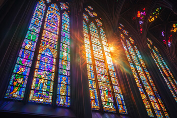Gothic stained glass depicting biblical figures in vibrant colors, sunlight casting colored shadows inside