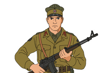 Fototapeta premium Military Animation of a Brave Soldier: Army Uniform & Weapon Illustration in Combat Vector Artwork
