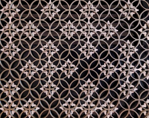 Random round floral pattern for 3D laser cutting panels at wall finishes or screens. This random floral laser cut patterns are common for luxurious and elegant interior design finishes with dark wood 
