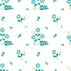 Seamless vector pattern with blue flowers and leaves