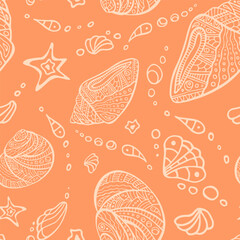 Pastel orange Polynesian shell random repeat seamless pattern. Zendoodle conch endless texture. Maori sea irregular boundless background. Tribal ocean surface design. Sea creatures chaotic ornament.