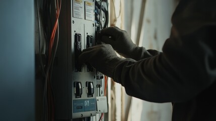 Obraz premium Electrician wiring a new electrical panel at a construction site. Featuring skill and attention to detail