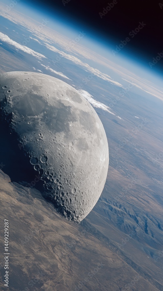 Poster stunning aerial view of the moon rising over earth atmosphere with visible craters and terrain in ou